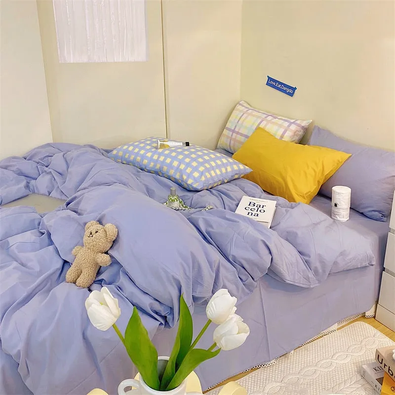 100% Cotton Block Colour Korean Bedding Set