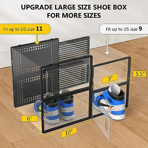 12 Pack Extra XX Large Shoe Organizer Storage Boxes for Closet, Modular Space Saving Shoe Boxes Clear Plastic Stackable Sneaker Containers Display Case with Lids, Black