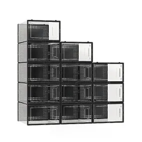 12 Pack Extra XX Large Shoe Organizer Storage Boxes for Closet, Modular Space Saving Shoe Boxes Clear Plastic Stackable Sneaker Containers Display Case with Lids, Black