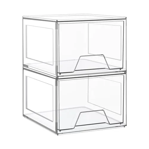 2 Pack Stackable Makeup Organizer, Acrylic Bathroom Organizer and Storage Drawers, Clear Plastic Drawer Storage Bins For Vanity, Undersink, Cabinets, Pantry