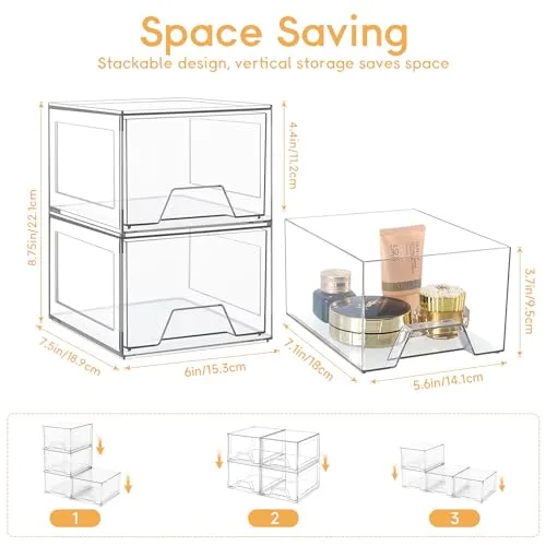 2 Pack Stackable Makeup Organizer, Acrylic Bathroom Organizer and Storage Drawers, Clear Plastic Drawer Storage Bins For Vanity, Undersink, Cabinets, Pantry