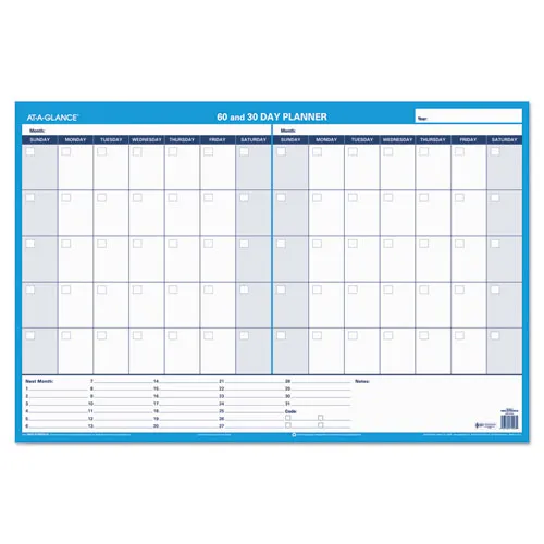 30/60-day Undated Horizontal Erasable Wall Planner, 36 X 24, White/blue Sheets, Undated