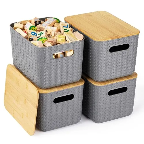 4 Packs Storage Bins with Bamboo Lids - Plastic Storage Containers with Lids Stackable Storage Box: Storage Baskets for Organizing Desktop Closet Playroom Classroom Office, Black