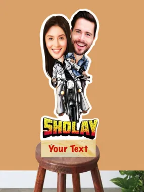 Adesh Anusaar Customised Caricature Personalized Gifts for Best Friends sholay Movie Couple Wooden Cutout 10inch with Cusomised Wooden Base (Design 2)