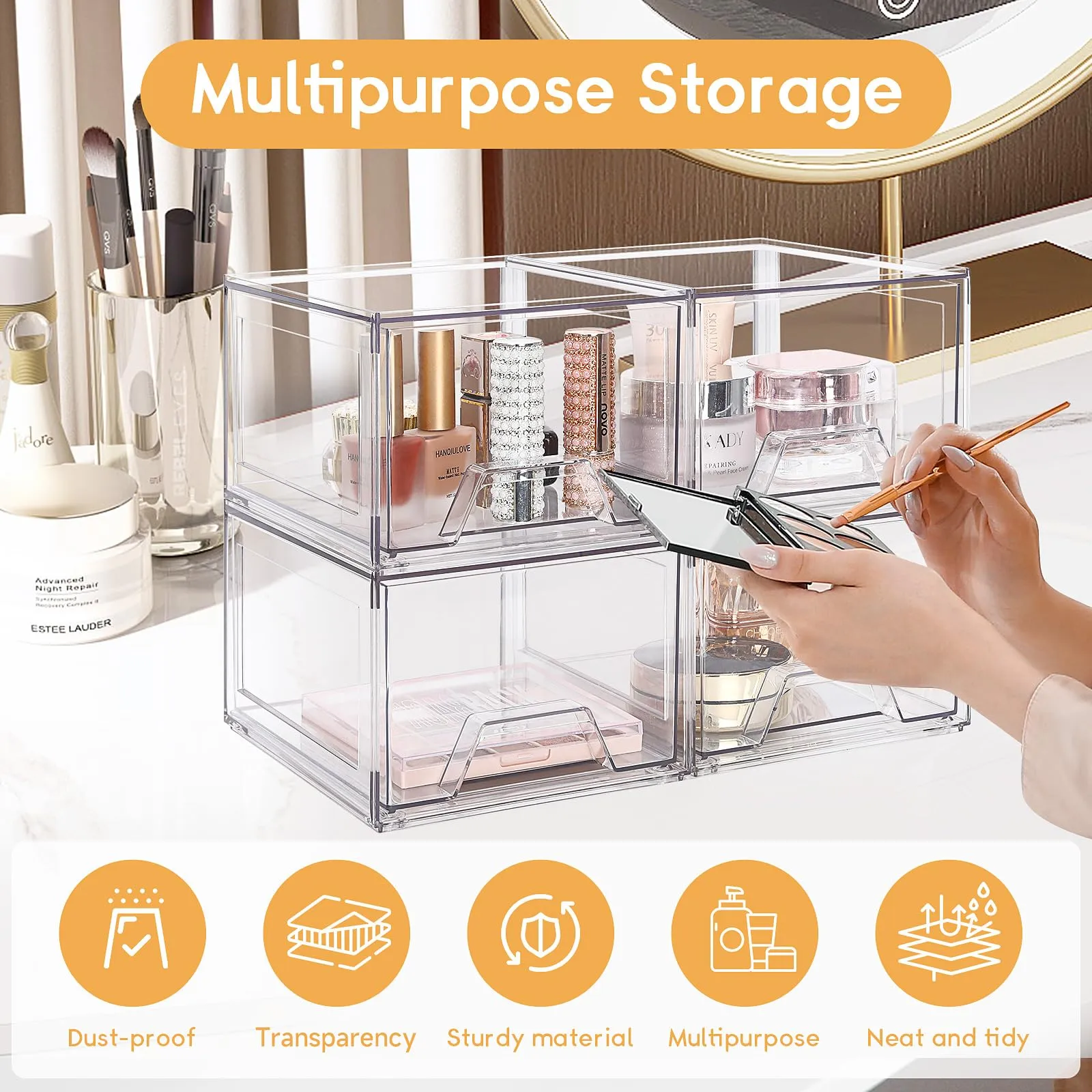 Amaoot 4 Pack Stackable Makeup Organizer, Acrylic Bathroom Organizer and Storage Drawers, Clear Plastic Drawer Storage Bins For Vanity, Undersink, Cabinets, Pantry