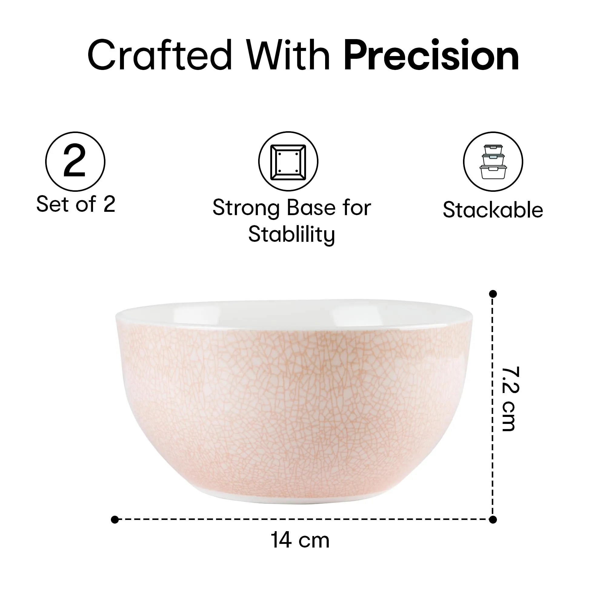 Anko Bella Small Bowl Set of Two| Ideal for Snacks, Rice, Salad, Noodles, Vegetables and Fruits | Dishwasher & Microwave Safe | Porcelain Dinnerware | 7.2cm (H) X 14cm (Dia.) | Soft Pink