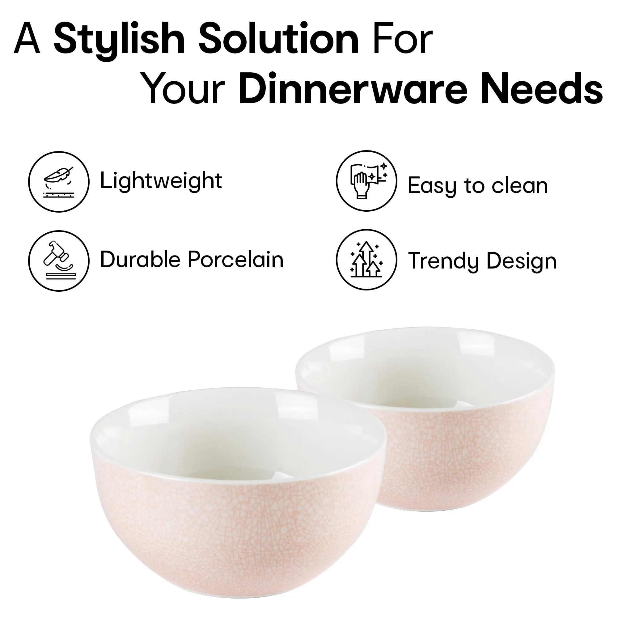 Anko Bella Small Bowl Set of Two| Ideal for Snacks, Rice, Salad, Noodles, Vegetables and Fruits | Dishwasher & Microwave Safe | Porcelain Dinnerware | 7.2cm (H) X 14cm (Dia.) | Soft Pink