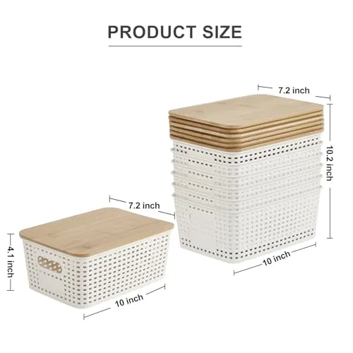 Bagnizer Small Plastic Storage Bins with Bamboo Lids 5.2qt Stackable Box Basket Pantry Decorative Containers Cute with Lable for Organizing Desktop Closet Office Cream White of 6 packs 10*7.2*4.1'’