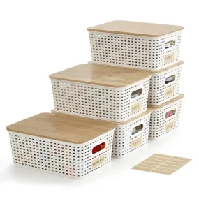 Bagnizer Small Plastic Storage Bins with Bamboo Lids 5.2qt Stackable Box Basket Pantry Decorative Containers Cute with Lable for Organizing Desktop Closet Office Cream White of 6 packs 10*7.2*4.1'’