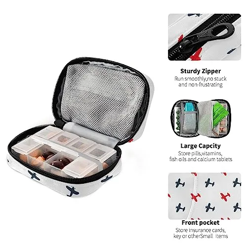 Black Red Airplanes Travel Pill Organizer Case Daily Pill Medicine Box Organizer Protable Pill Container for Travel Family Business Vitamins Fish Oil Supplements