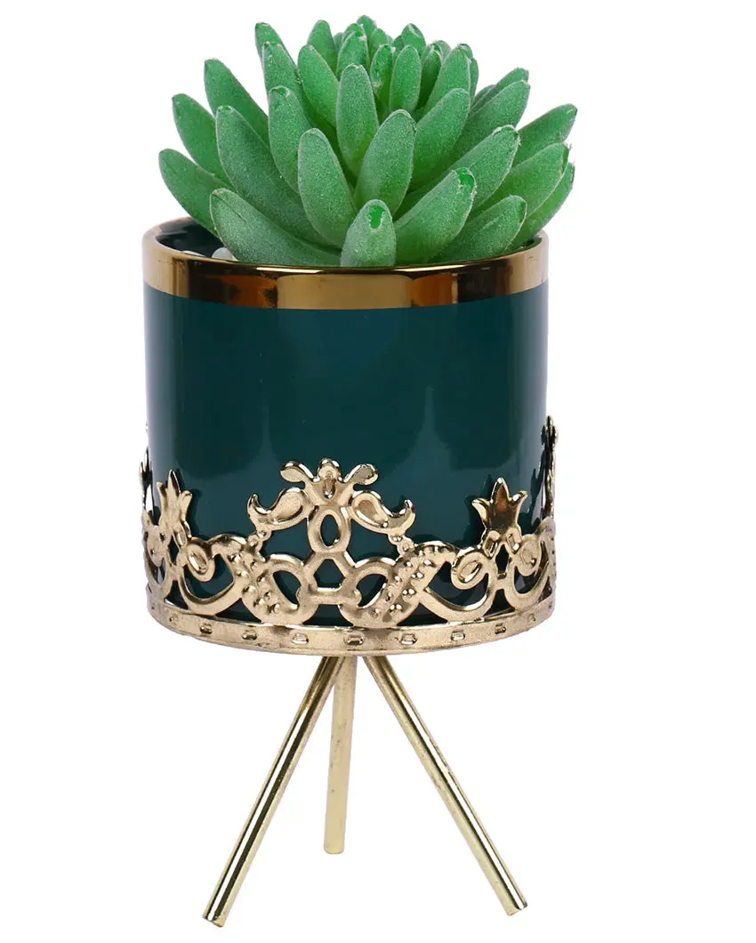 Bohemian Succulents Artificial Plant with Ceramic Pot & Metal Tripod Stand | 7 inches