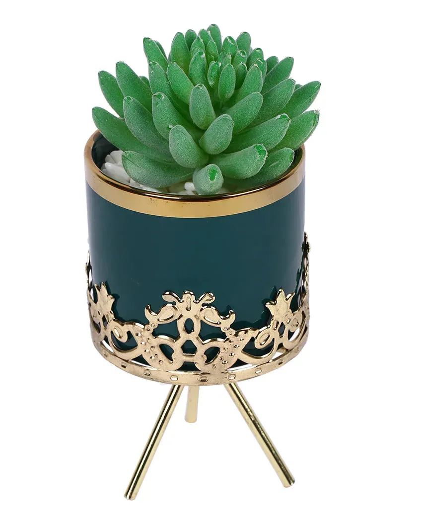 Bohemian Succulents Artificial Plant with Ceramic Pot & Metal Tripod Stand | 7 inches