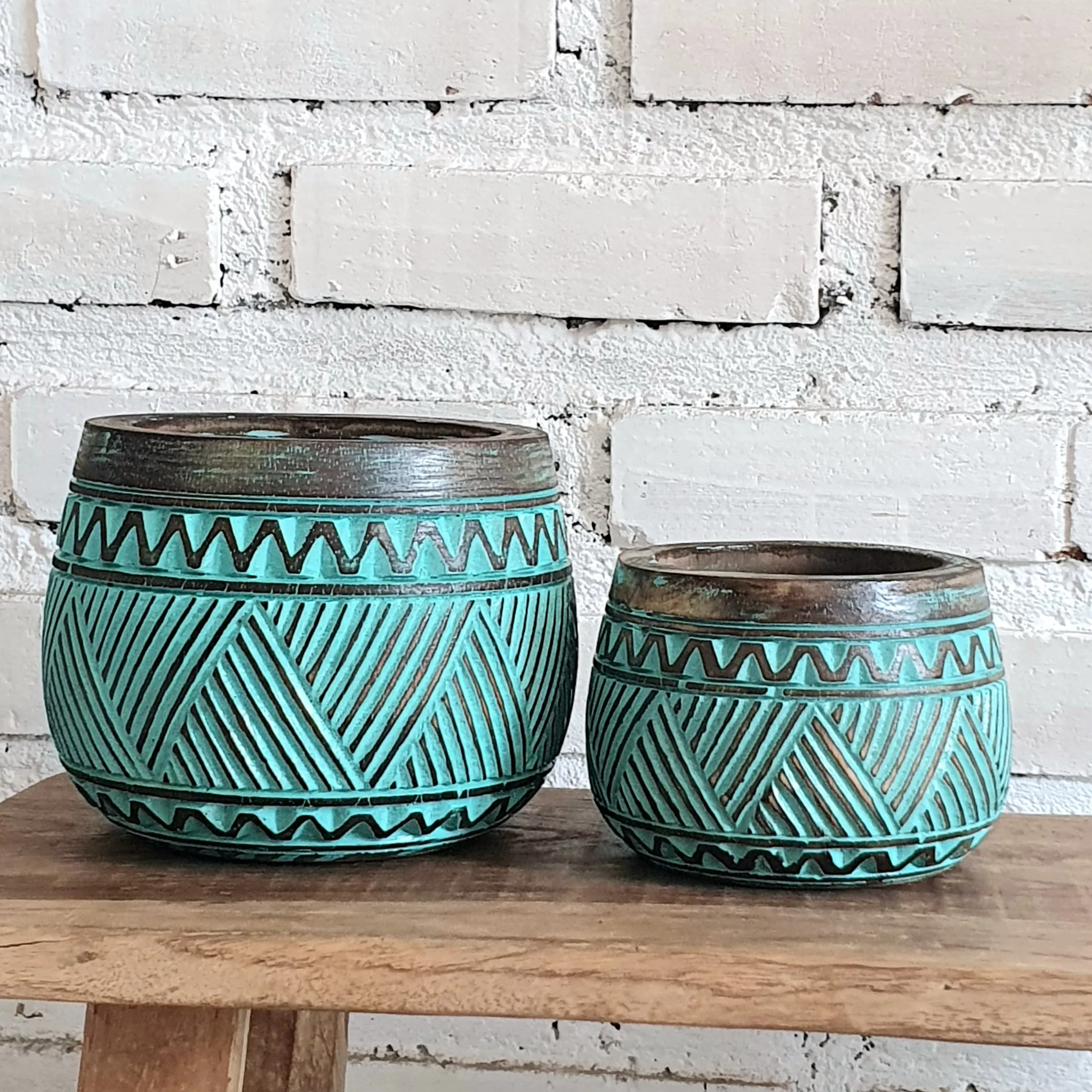 Carved Tribal Zigzag Pattern Wooden Bowl Set