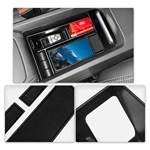 Center Console Organizer Tray for 2021  Mustang Mach-E Armrest Box Organizer Secondary Storage Glove Box for Latest Mustang Interior Accessories with USB Hole and Coin Holder (Black)