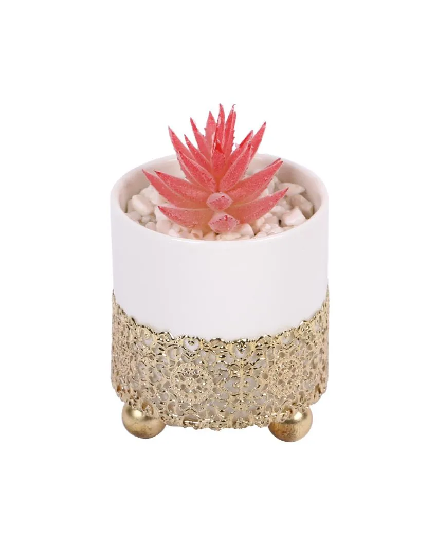 Charming Succulents Artificial Plant with Ceramic Pot & Metal stand | 6 inches