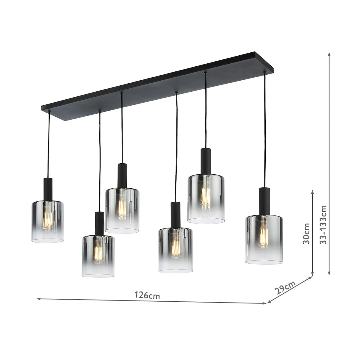 Dar Savannah 6 Light Bar Pendant Matt Black and Smoked Glass