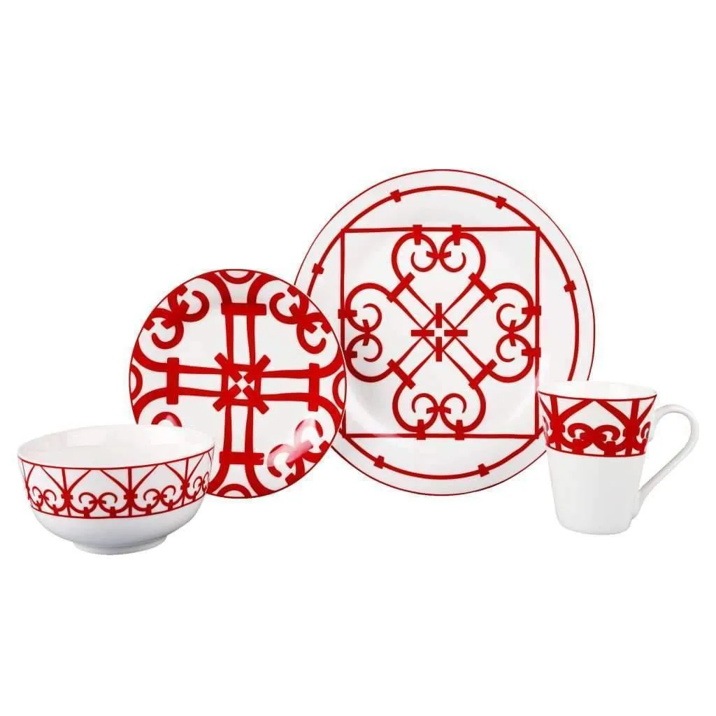 Dinnerware Set 16pc Red Round Shape Printed