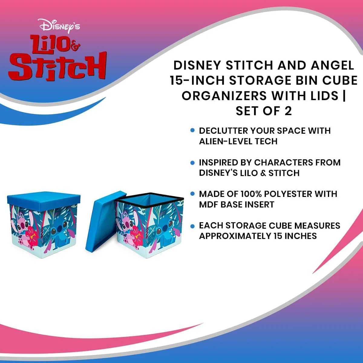 Disney Stitch and Angel 15-Inch Storage Bin Cube Organizers with Lids | Set of 2