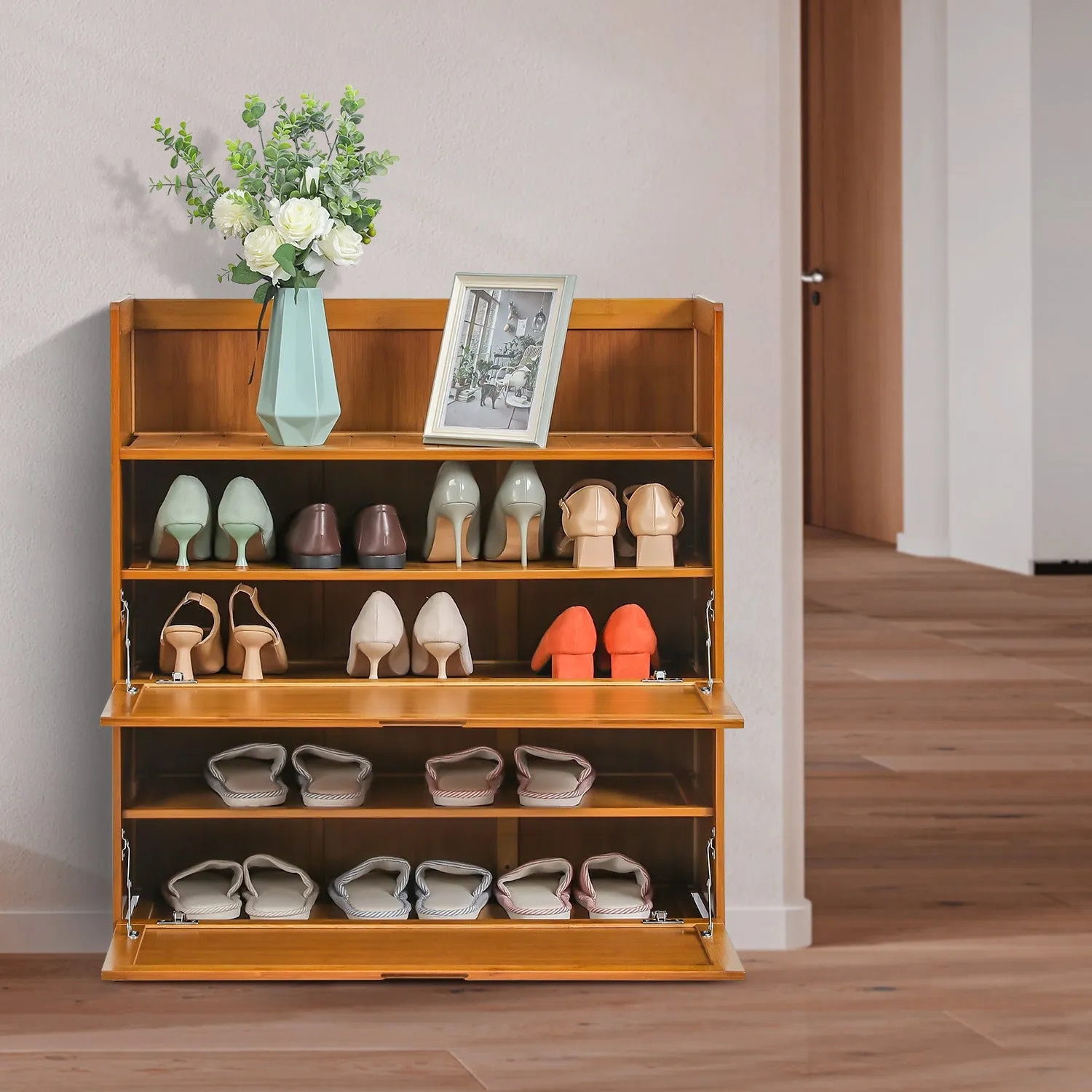 Drop Down Door Entryway Shoe Cabinet - Shelf Top - Brown