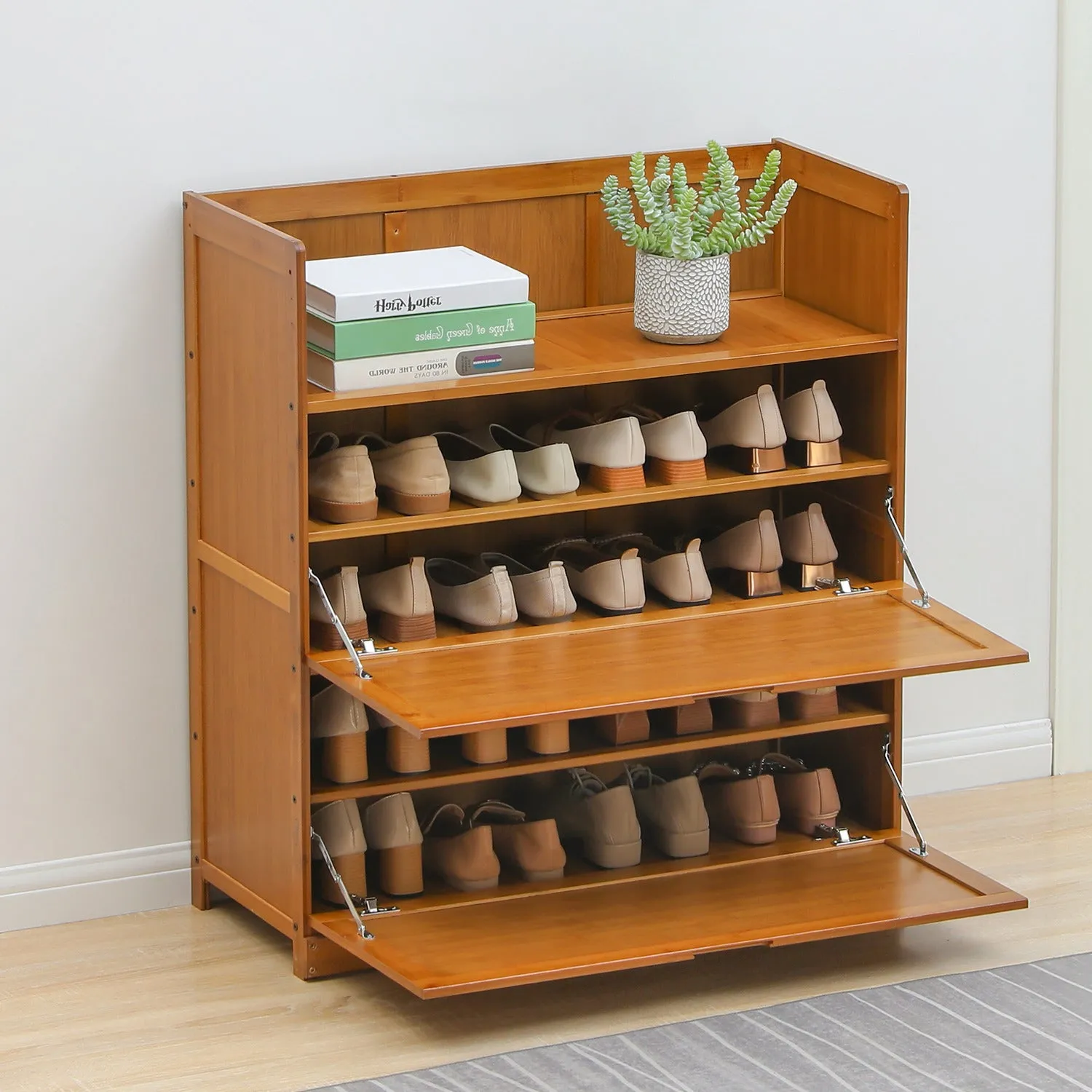 Drop Down Door Entryway Shoe Cabinet - Shelf Top - Brown