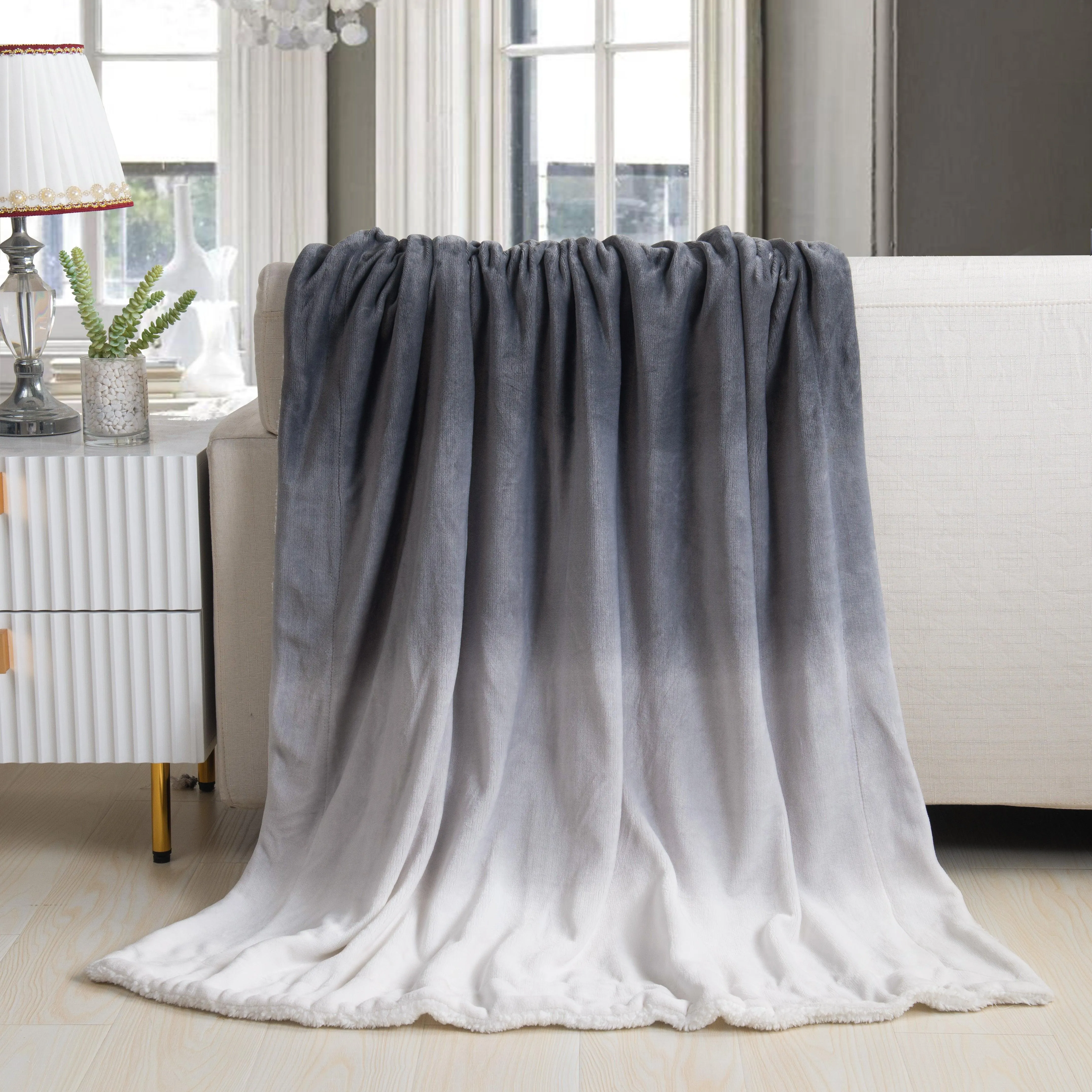 Elegant Comfort Ombre Printed - Sherpa Backed Plush Throw Blankets - 50 x 60 inches