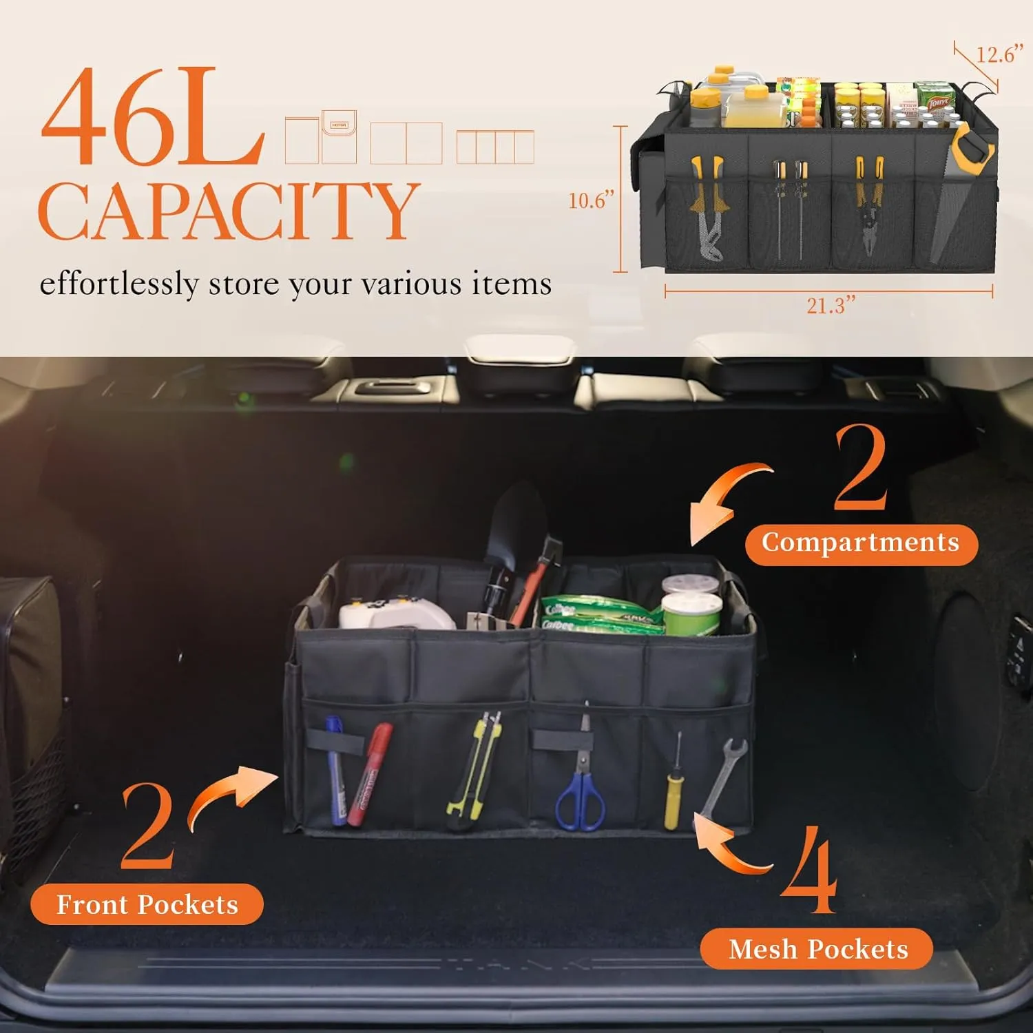 Foldable Car Trunk Organizer - Sturdy 2-Compartment Storage for Accessories & Tools