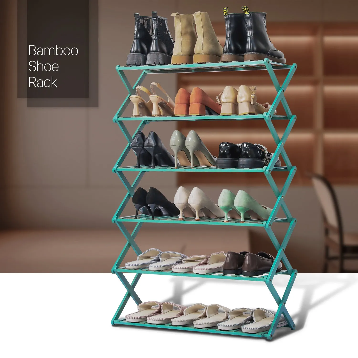 Foldable Multifunctional Shoe Rack Organizer - 6 Tier - Green