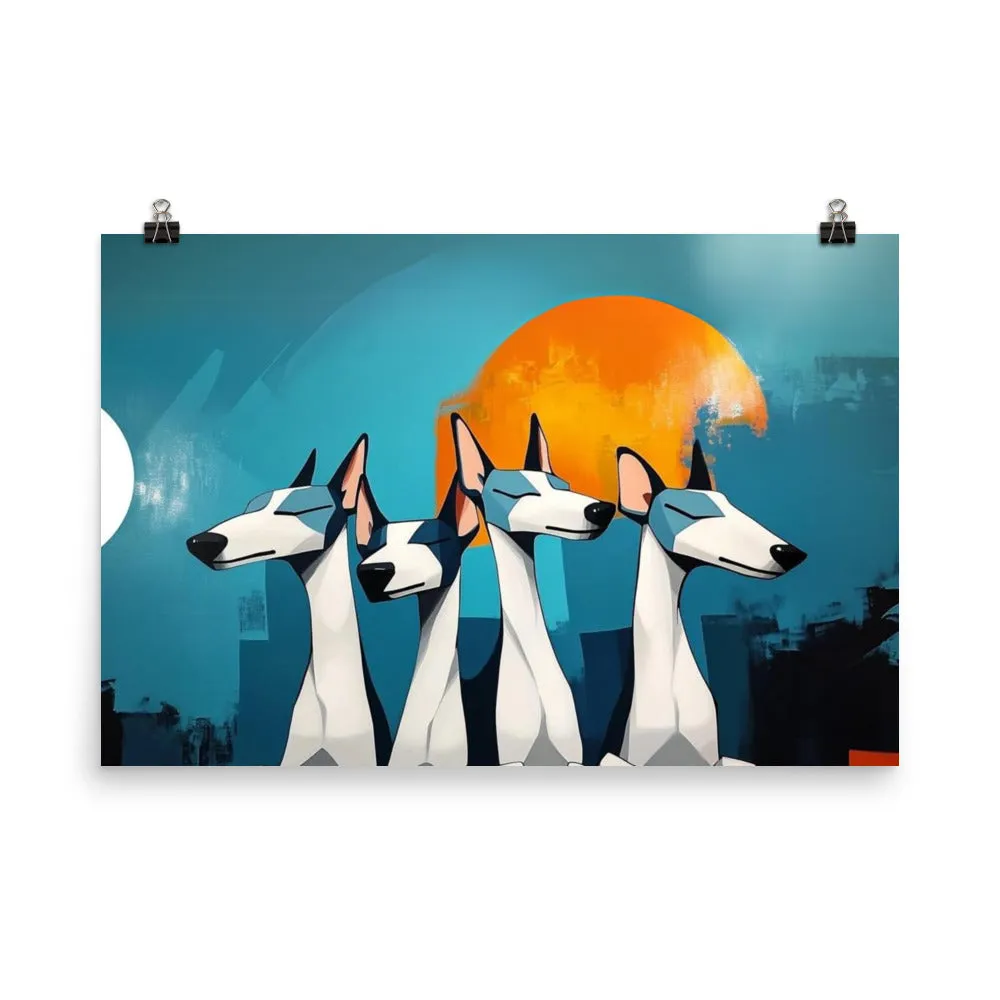 Four Dogs Black White and Blue Whimsical Dog Art Poster Print