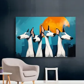 Four Dogs Black White and Blue Whimsical Dog Art Poster Print