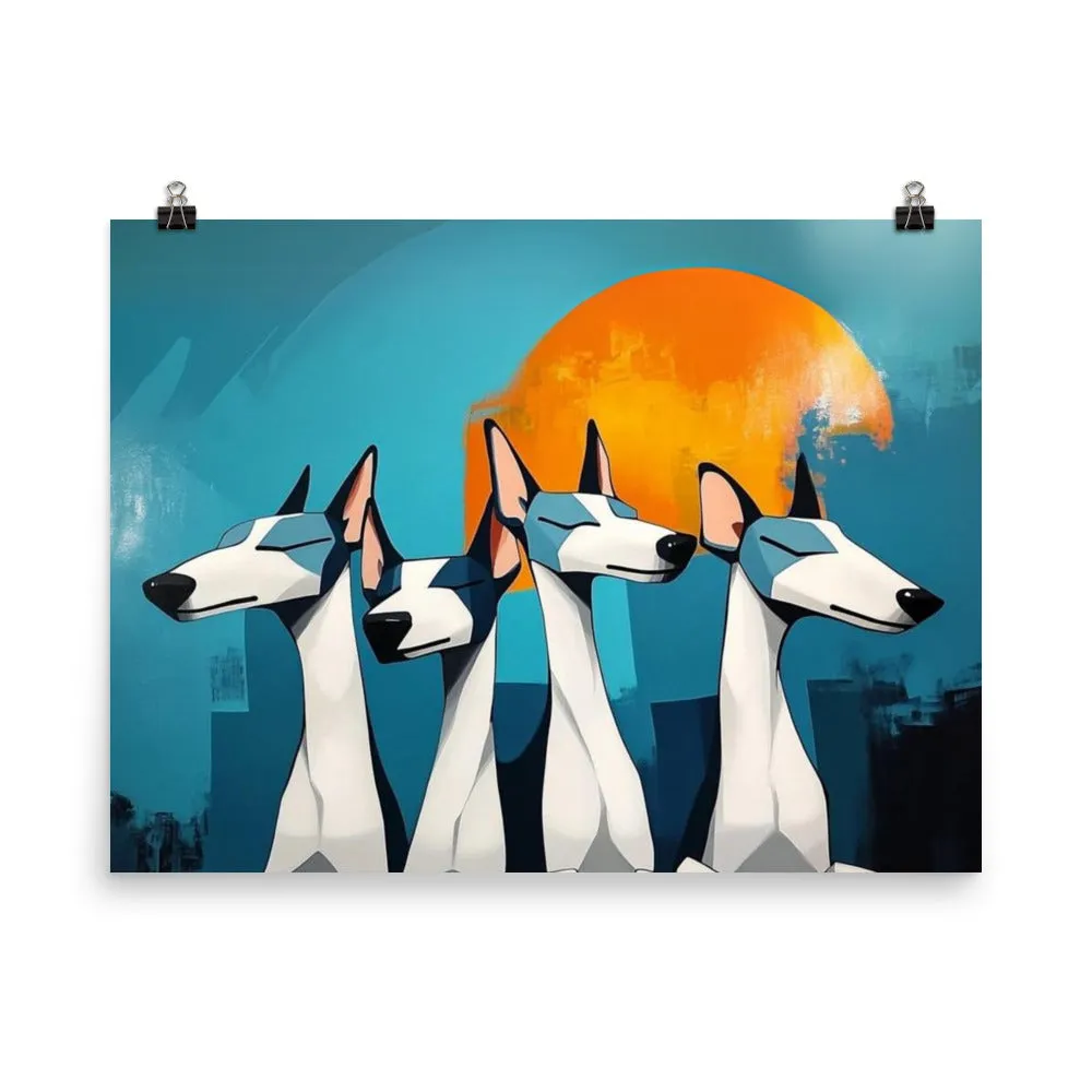 Four Dogs Black White and Blue Whimsical Dog Art Poster Print