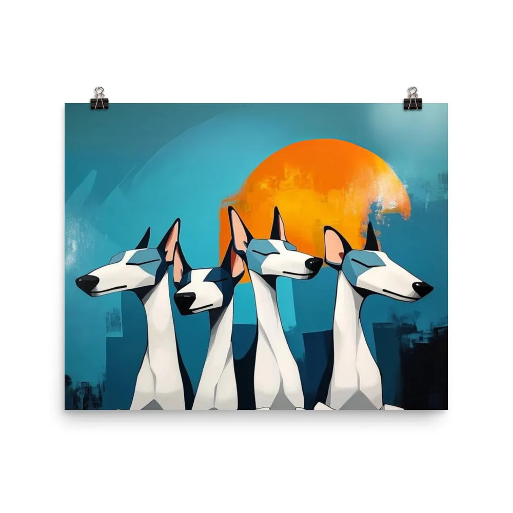 Four Dogs Black White and Blue Whimsical Dog Art Poster Print