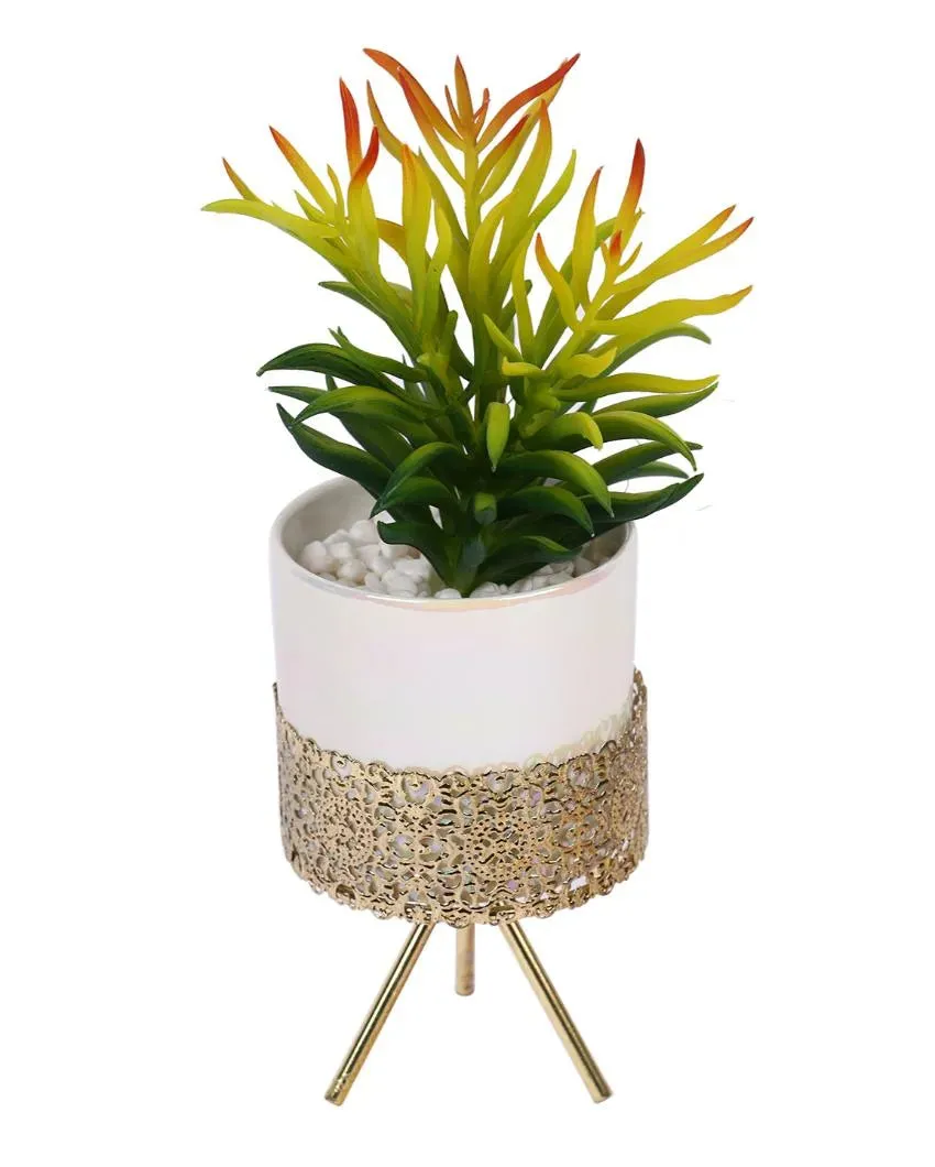 Glamorous Succulents Artificial Plant with Ceramic Pot & Metal Tripod Stand | 9 inches