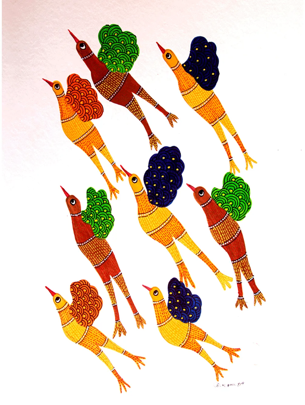 Gond Art Painting Large (20" x 14") - Birds in Flight