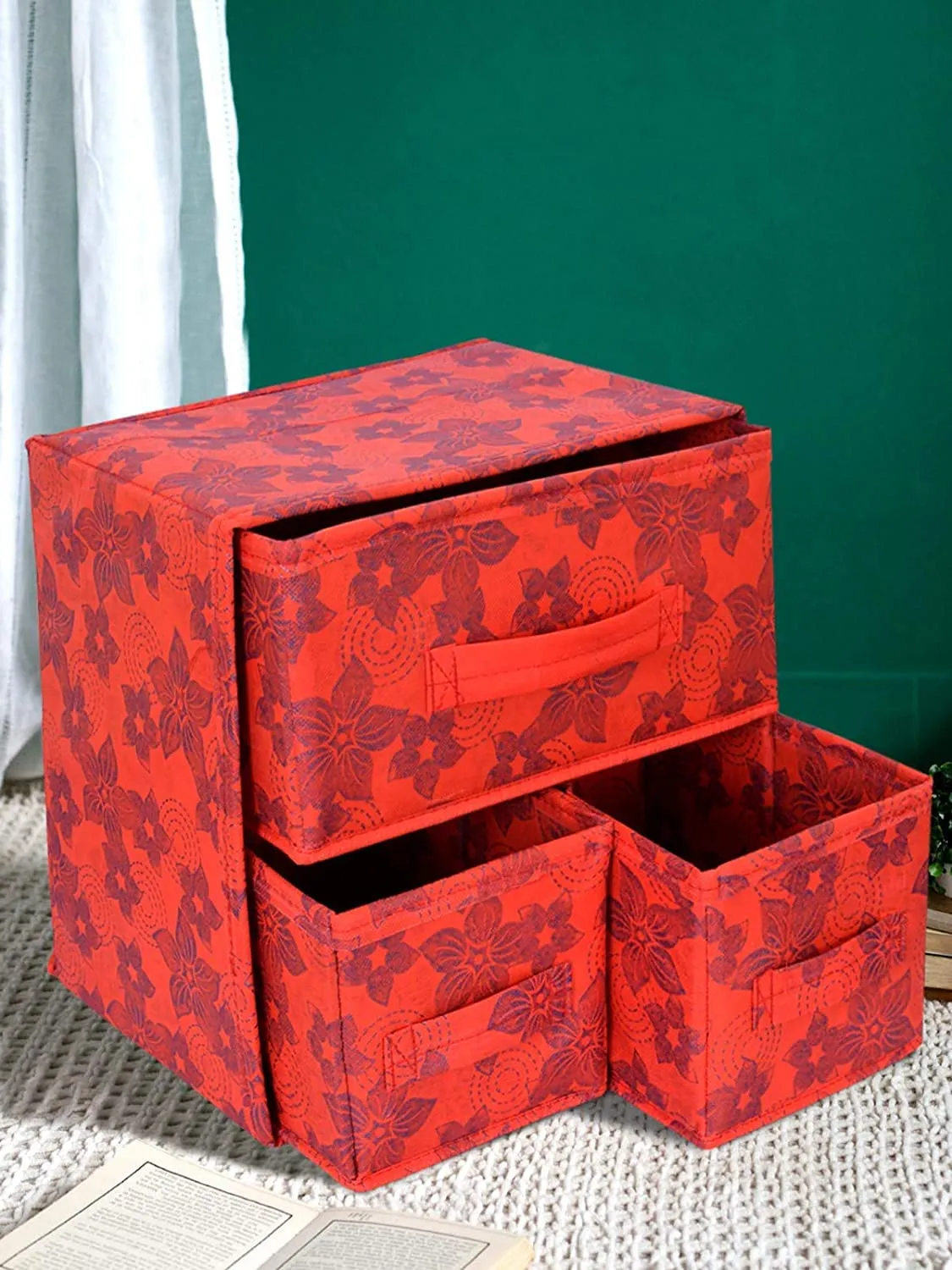 Heart Home Metallic Flower Printed Multiuses Non-Woven Foldable Organizer Box With 3 Drawers- Pack of 2 (Red)-HS43HEARTH26851