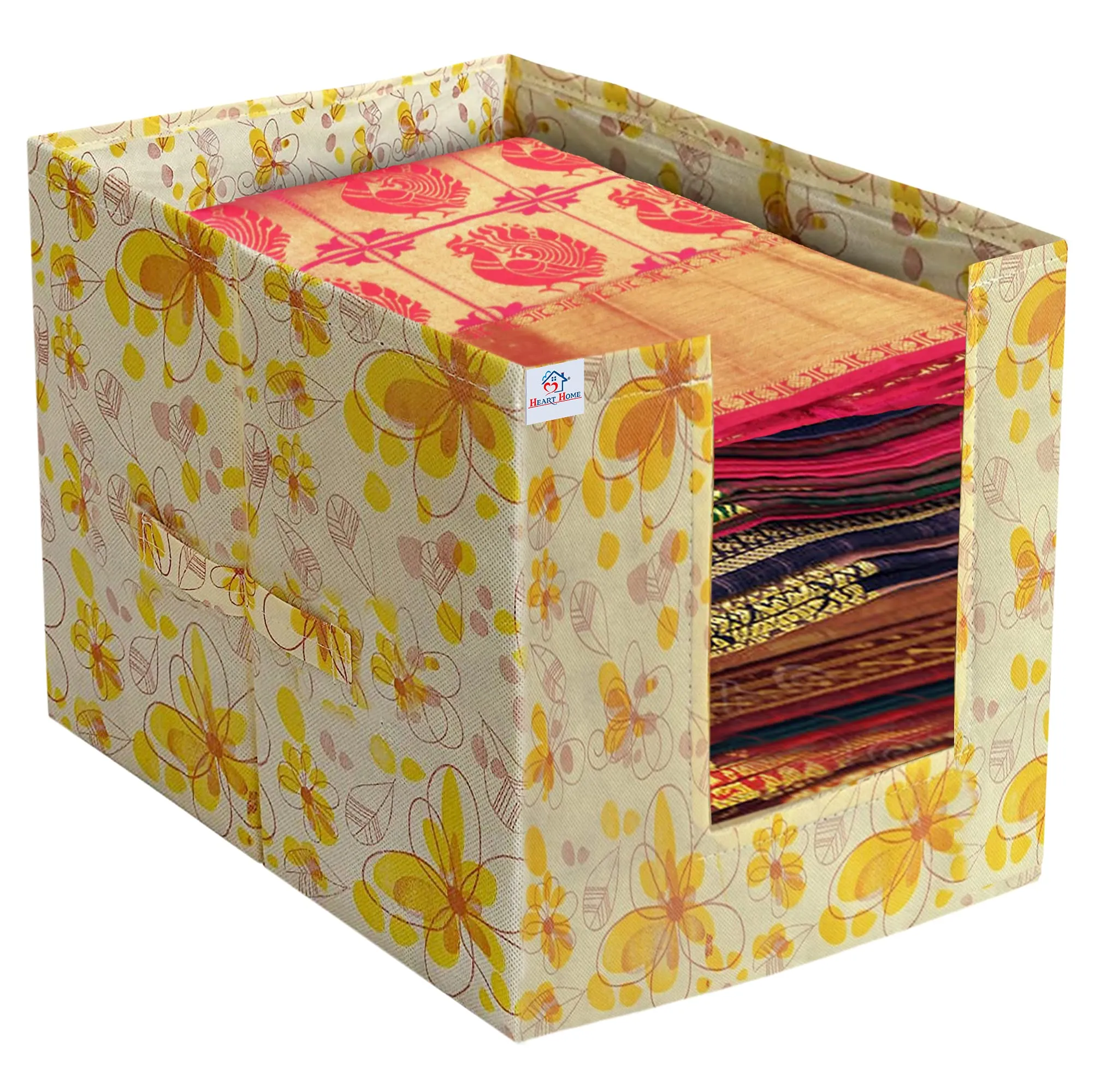 Heart Home Saree Organizer for Wardrobe/Closet Storage Box and Clothing Organiser for Women Clothes With Flower Design (Yellow)