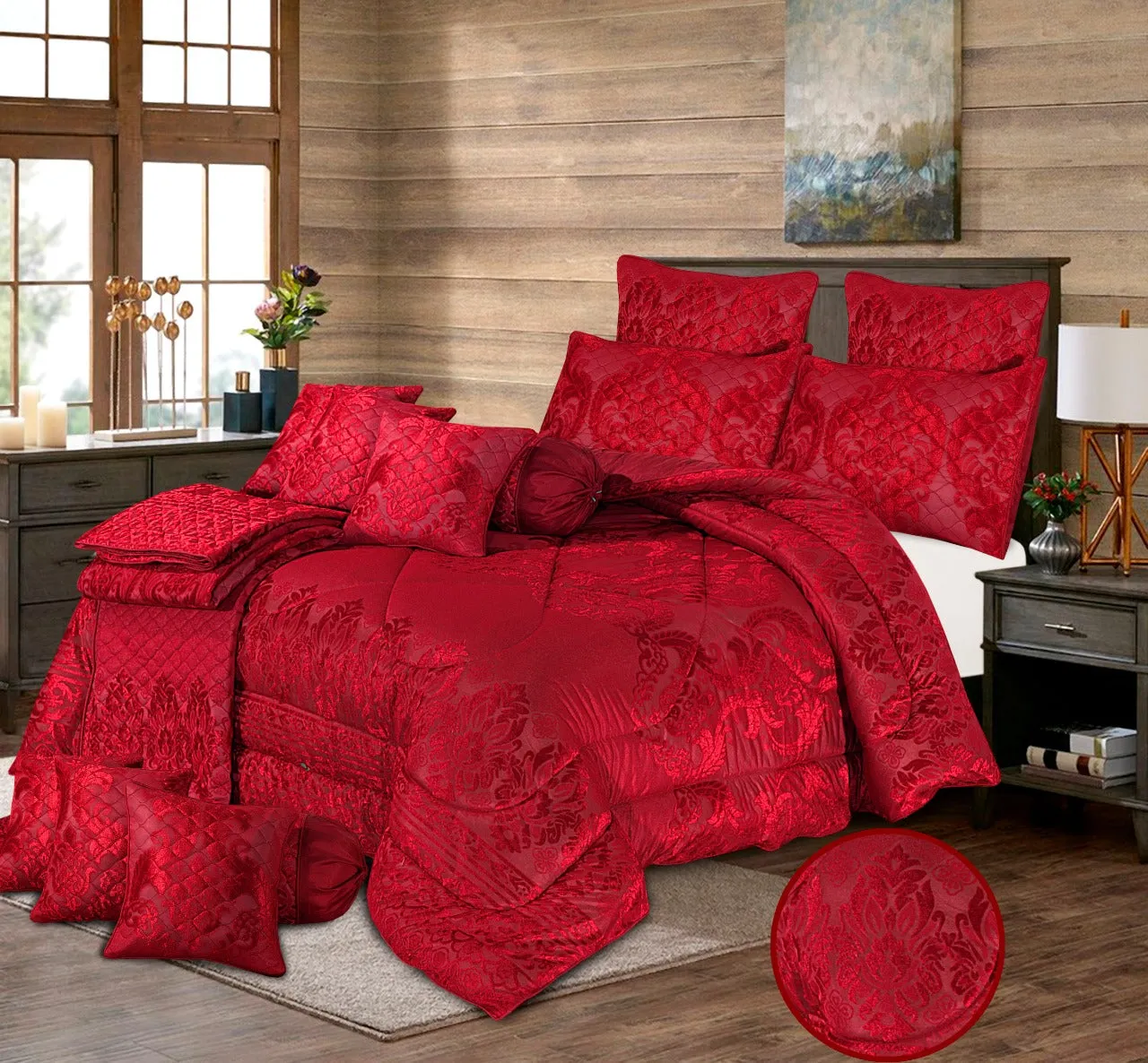 Holton 14 Pcs Palachi Velvet Red Bedding Set with Filled Comforter