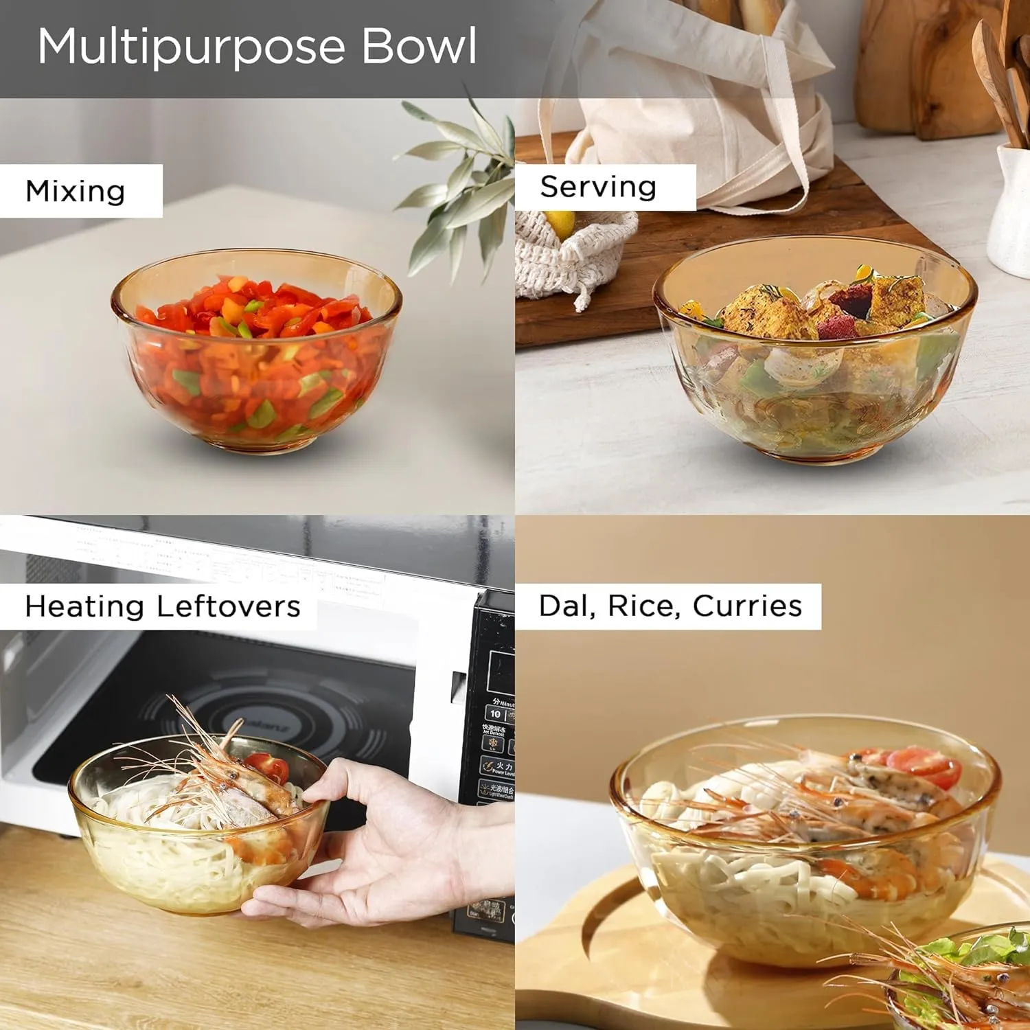 Homestic Set of 4 Borosilicate Glass Bowls | 420 ml Each | Microwave Safe | Scratch Resistant | Serving & Mixing Bowls for Kitchen | Round | Transparent | Yellow