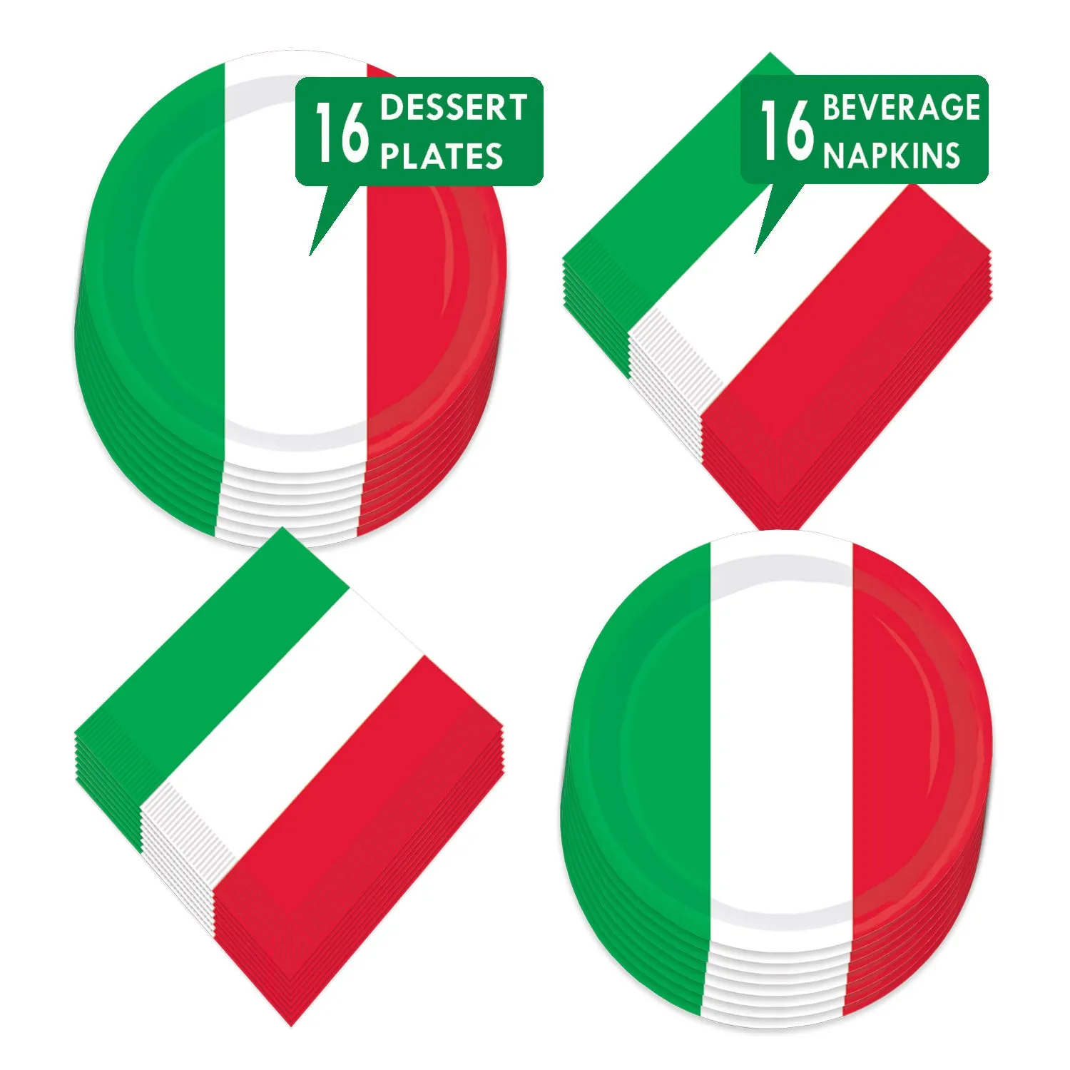 Italian Party Supplies - Italy Flag Green, White, and Red Paper Dessert Plates and Beverage Napkins (Serves 16)