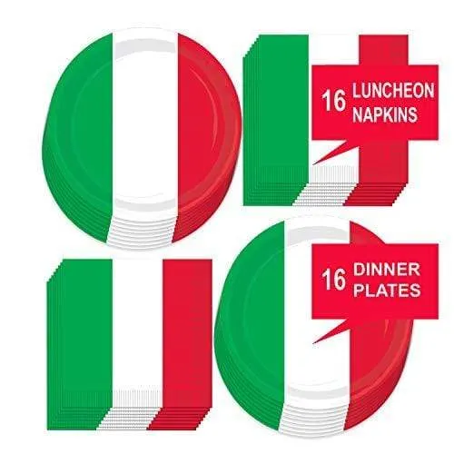 Italian Party Supplies - Italy Flag Red, White, and Green Paper Dinner Plates and Luncheon Napkins (Serves 16)