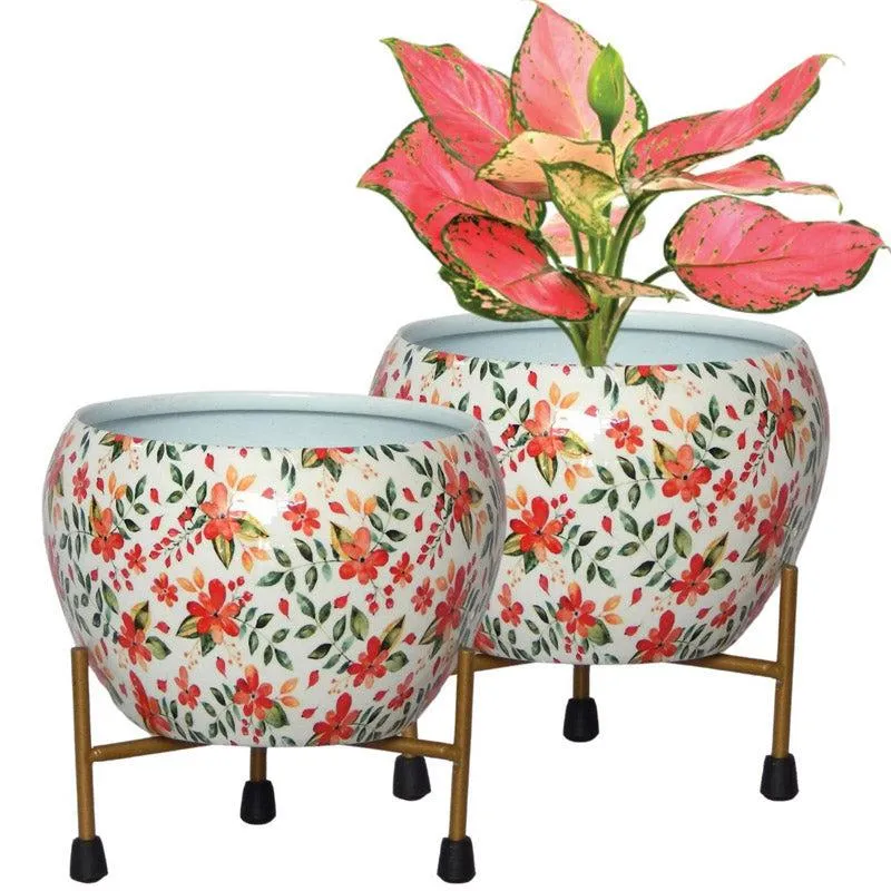 Julietta Peach Floral Planter With Stand - Set Of Two