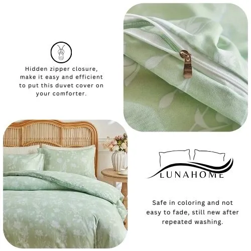 King size 6 piece duvet cover set green floral bedding set.