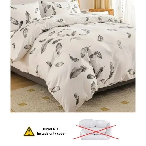 King size 6 piece duvet cover set, white bed linen with gray feathers.