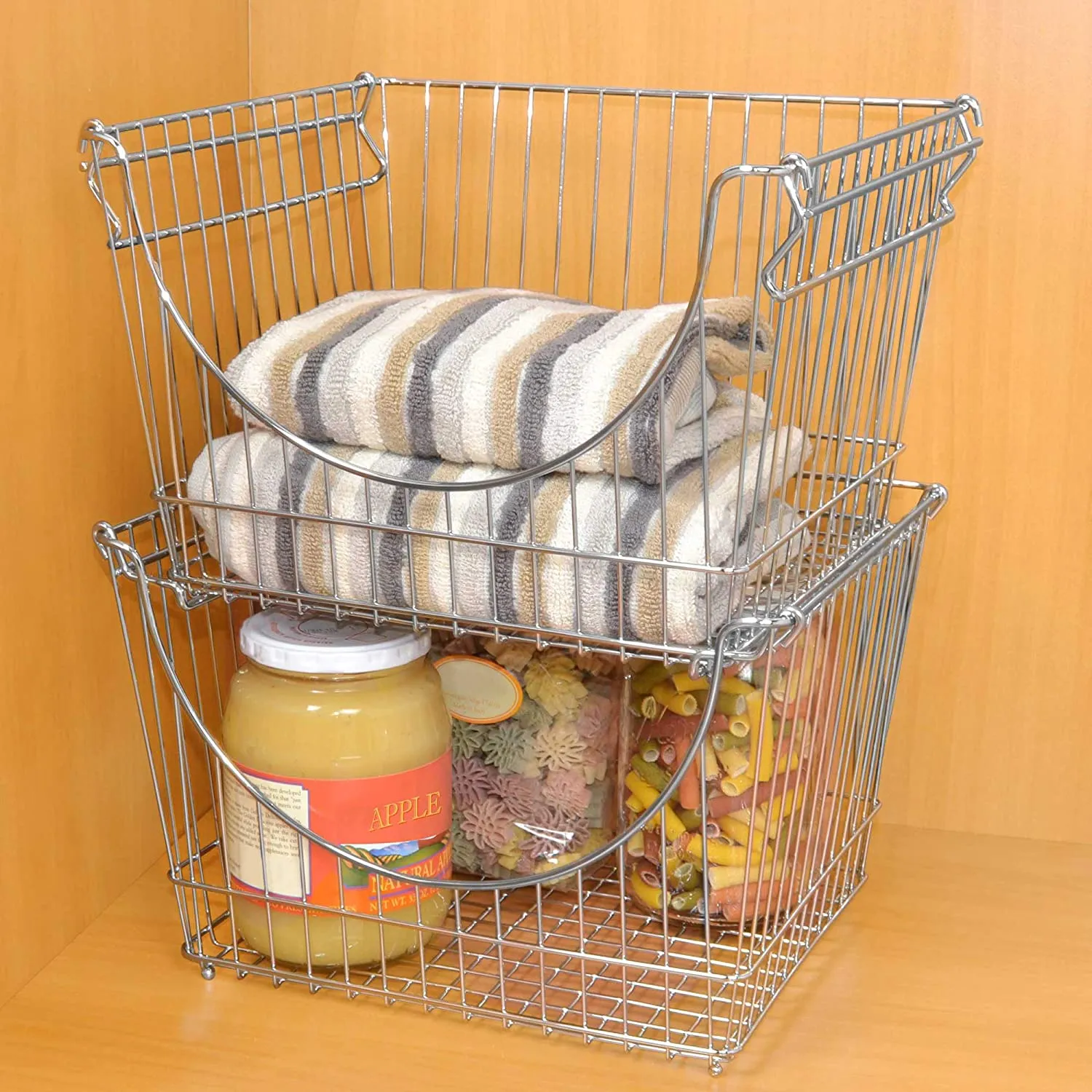 Large Metal Wire Stacking Baskets with Handles