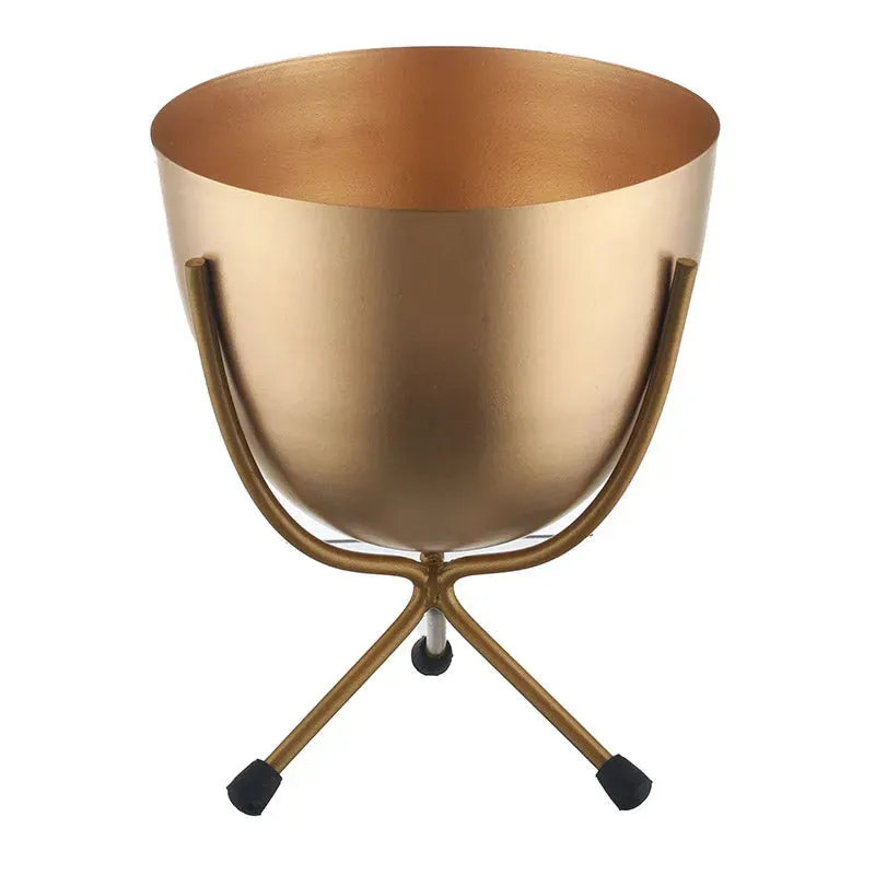 Matte Finish Golden Table Top Metal Planters With Stand 