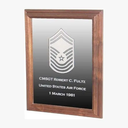 Military Laser Engraved Rank Insignia Mirror Frame - Walnut Material.