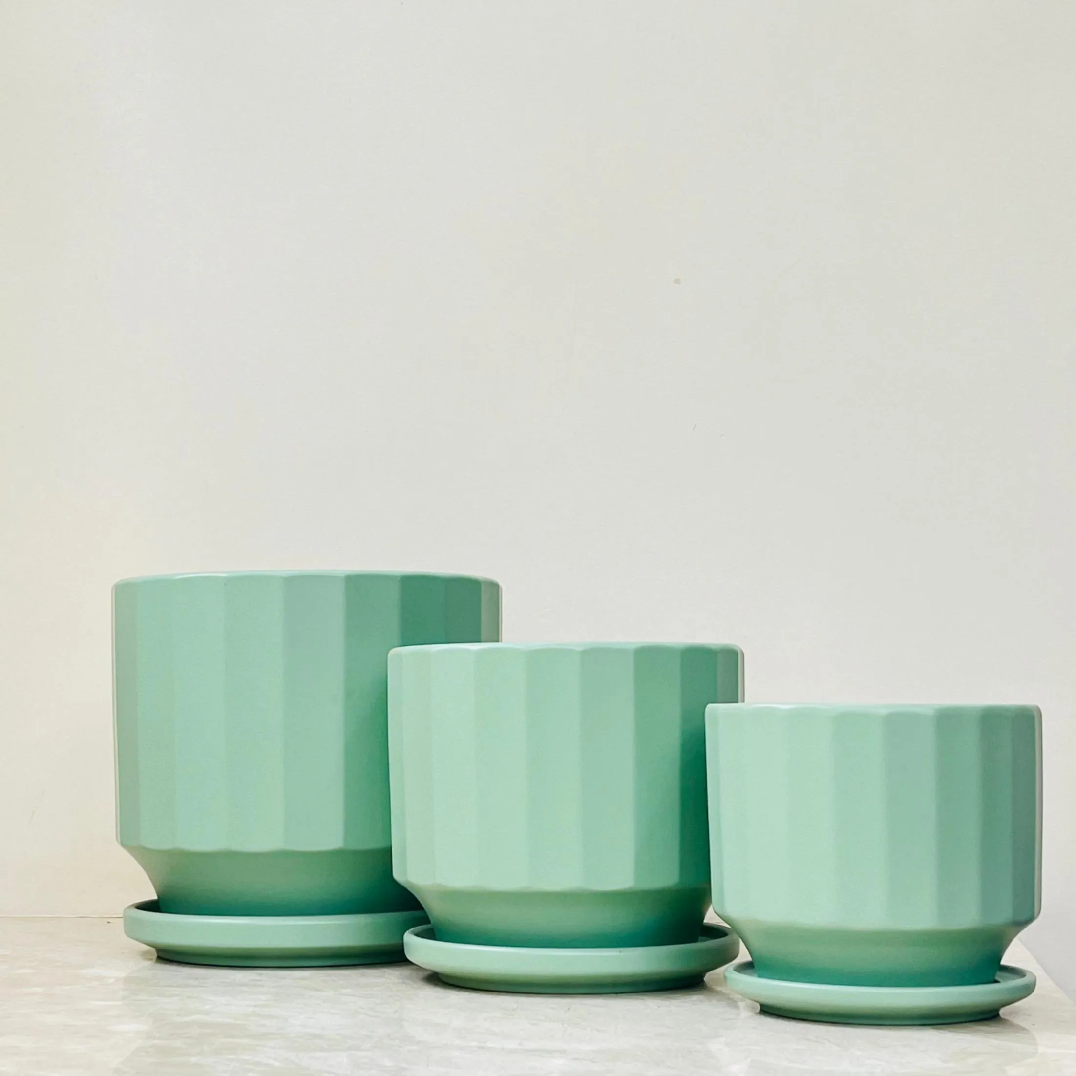 Modern Ribbed Turquoise Indoor Planter Set Of 3