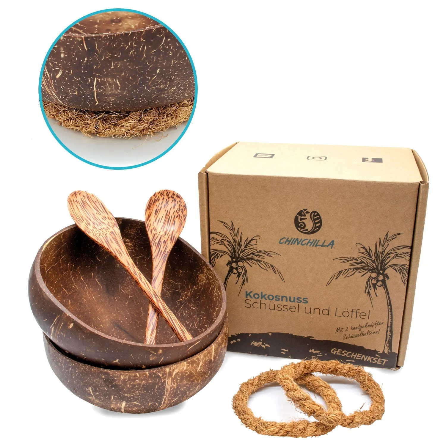 NATURAL COCONUT BOWLS SET - 2 Coconut bowls   2 Wooden spoons   Bowl holder🥥