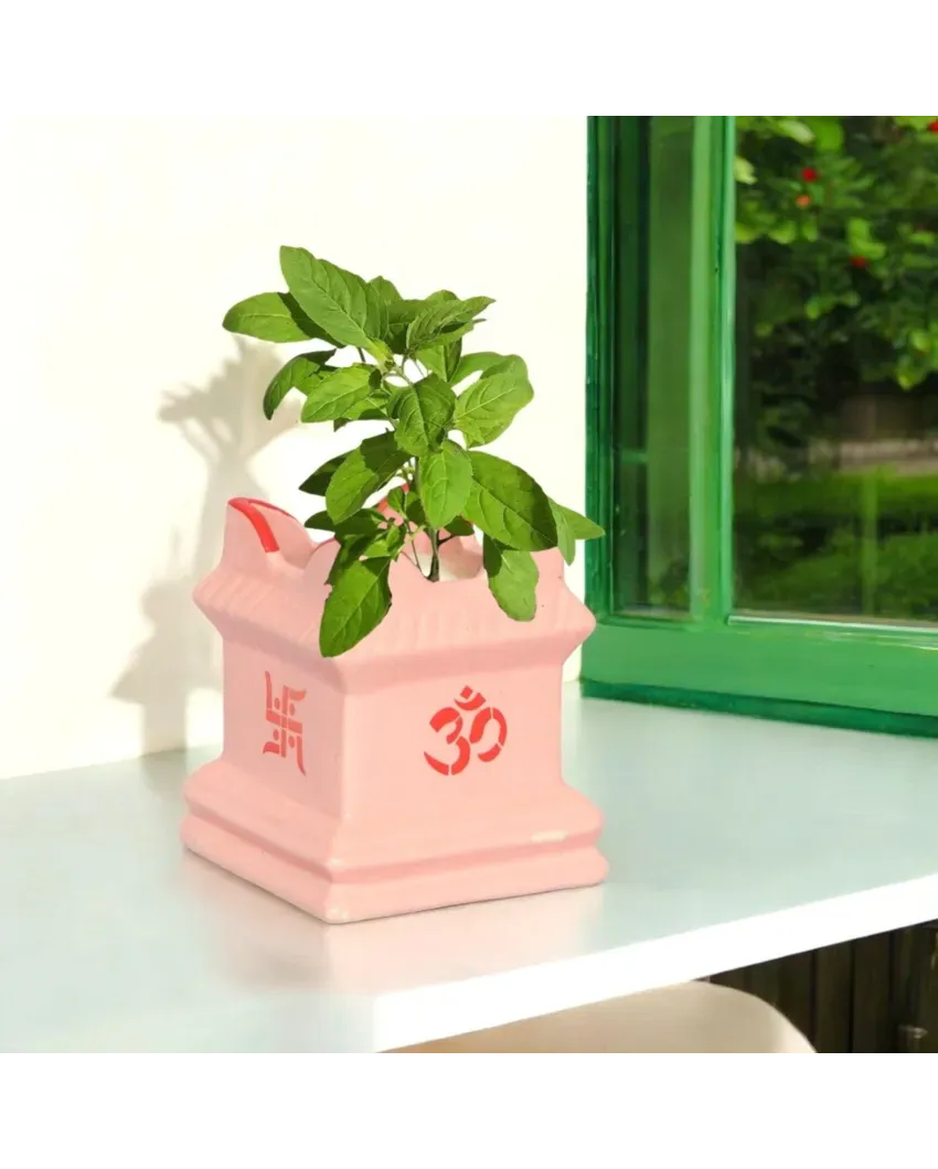 Pink Tulsi Flower Ceramic Plant Pots | 5 x 5 x 6 inches