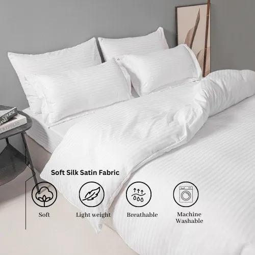 Premium 6 Piece King Size Duvet Cover Satin Stripe Solid White.