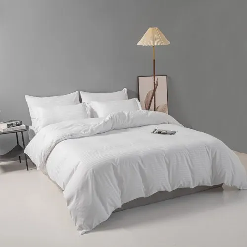 Premium 6 Piece King Size Duvet Cover Satin Stripe Solid White.